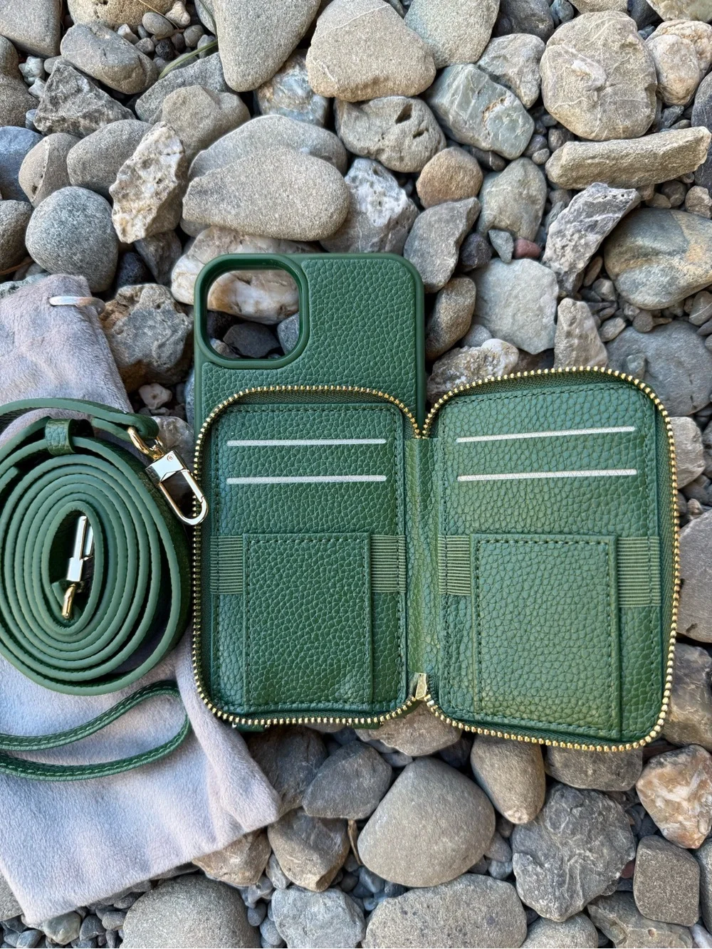 Apple Dark Green Wallet Crossbody iPhone Case with Zipper Card Holder